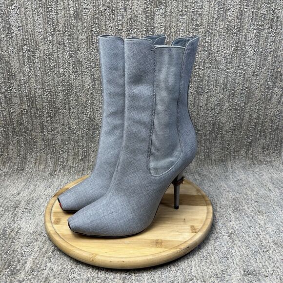 Burberry Kenzie Women’s Sz 39.5 Ankle Boots Grey Canvas Fabric Peep Toe Luxury - Picture 1 of 16